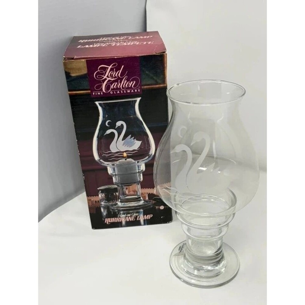 Vintage Lord Carlton Hand Cut Glass Hurricane Lamp Etched Swan 7.5" New Open Box